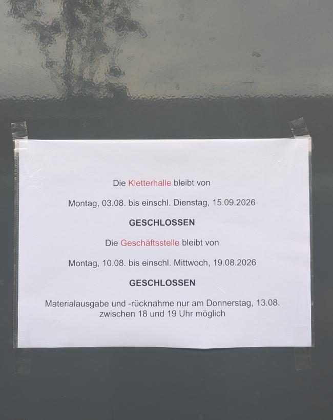Kletterhalle und Geschäftsstelle geschlossen